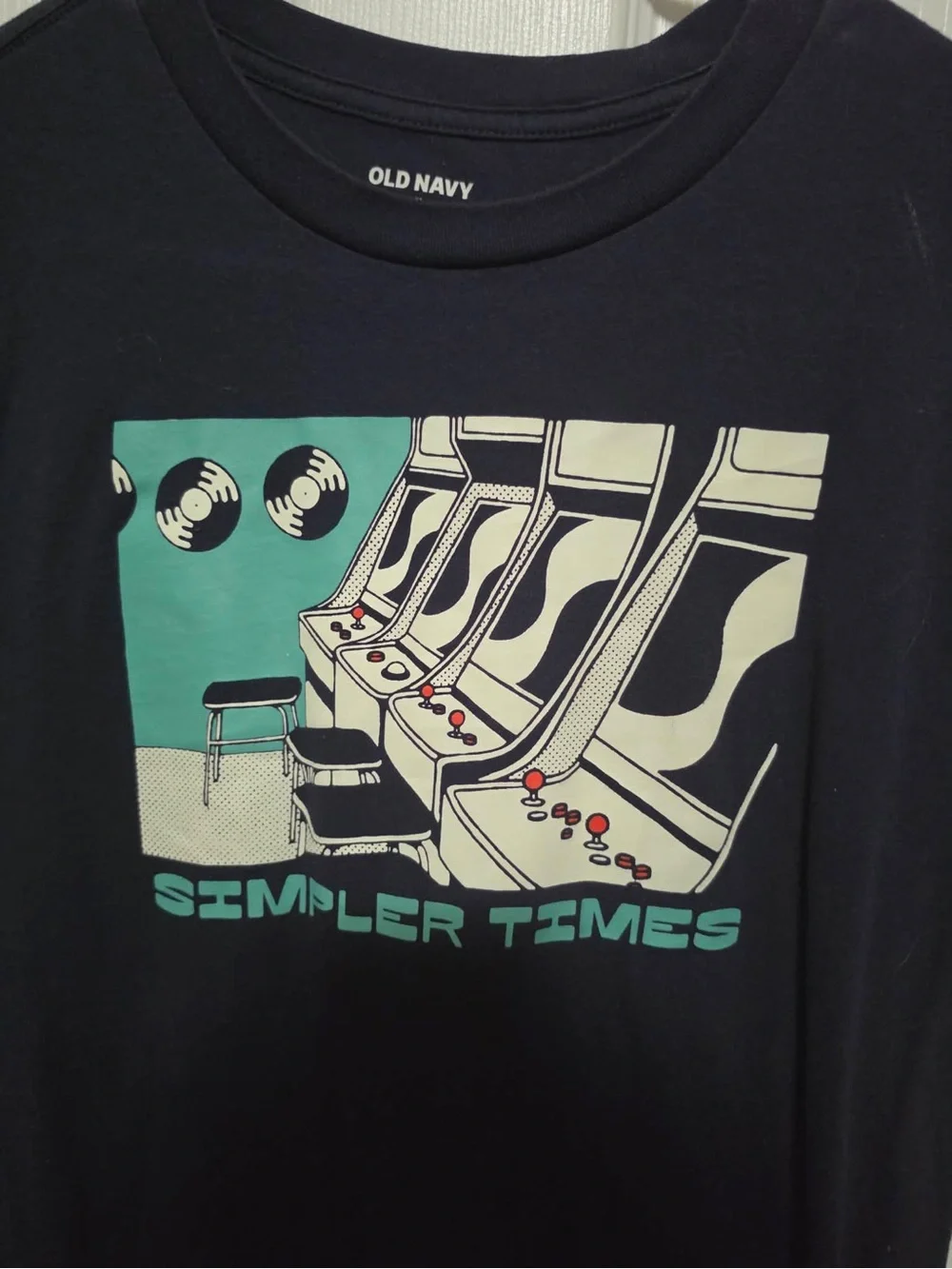 Old Navy Navy Graphic Crewneck Tee with Teal Accent Simple Times - Picture 2 of 3